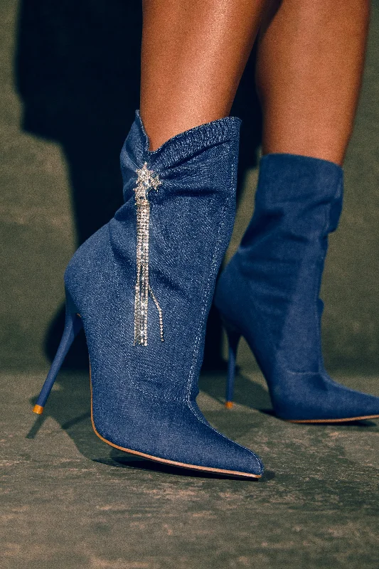 Always A Party Embellished Pointed Toe Bootie - Denim