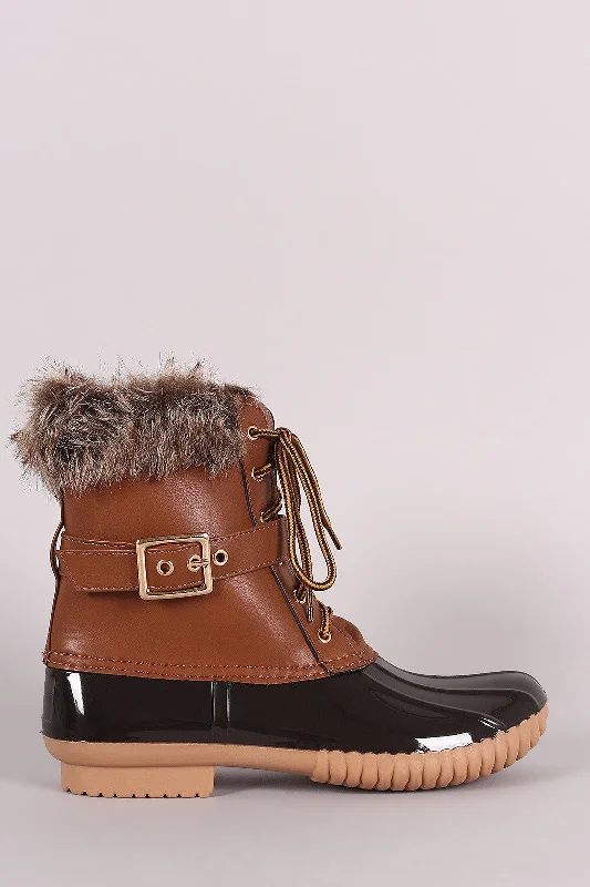 Faux Fur Cuff Lace Up Duck Ankle Boots