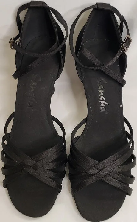 3" Alaia -- Flare Heel Latin Sandal -- Black Satin