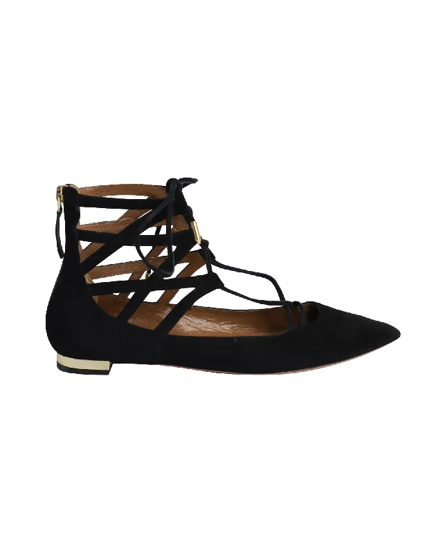 Aquazzura Belgravia Ankle Wrap Flats in Black Suede