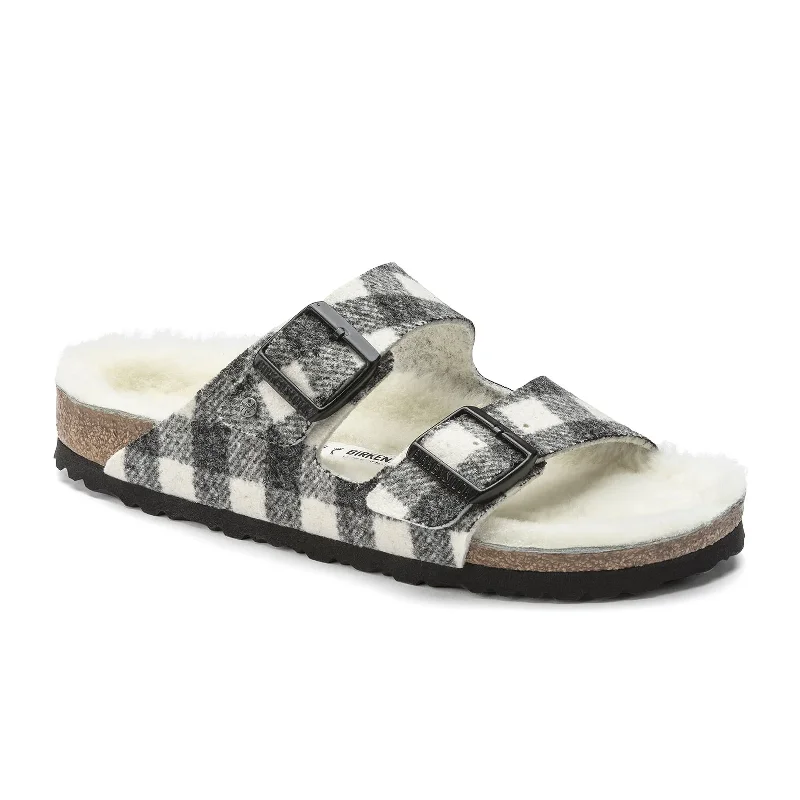 Birkenstock Arizona Slide Sandal (Women) - Plaid White Wool/Natural Shearling