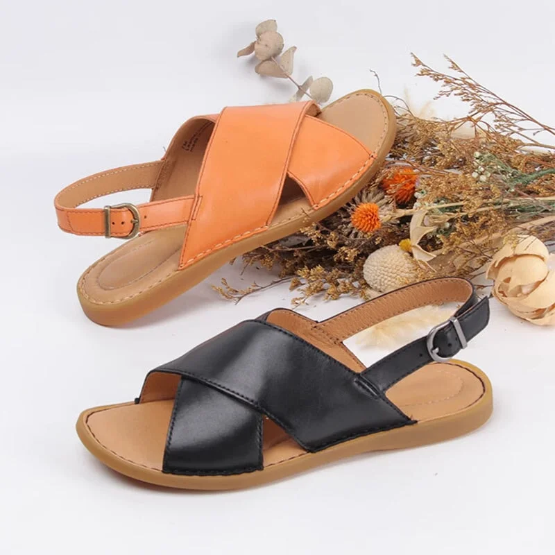 Handmade Leather Peep Toe Sandals For Women X Strap in Orange/Black/Beige