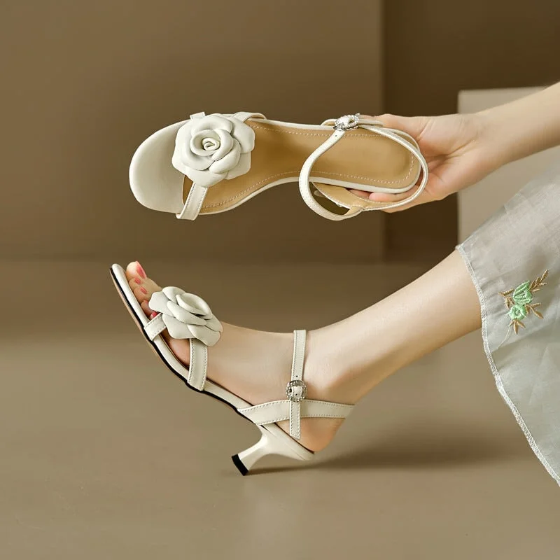 Handmade Strappy Leather heels Retro Open Toe Sandals With Flower Details