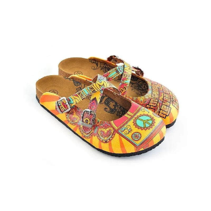 Yellow & Red Peace Sign Cross-Strap Clogs WCAL134